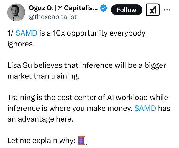 Oguz O.  𝕏 Capitalist 💸 on X 1 $AMD is a 10x opportunity everybody ignores. Lisa Su believes that inference will be a bigg