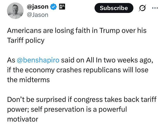 @jason on X Americans are losing faith in Trump over his Tariff policy As @benshapiro said on All In two weeks ago, if the eco