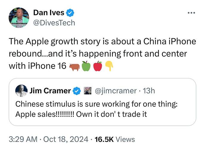 Dan Ives on X The Apple growth story is about a China iPhone rebound…and it’s happening front and center with iPhone 16 🐂🍏🍎