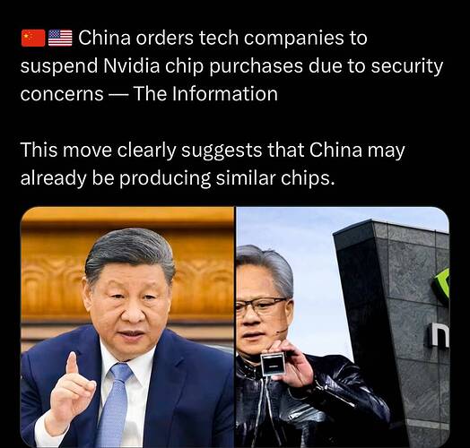 Megatron on X BREAKING 🇨🇳🇺🇲 China orders tech companies to suspend Nvidia chip purchases due to security concerns — The I