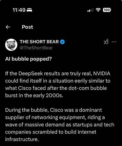 THE SHORT BEAR on X AI bubble popped If the DeepSeek results are truly real, NVIDIA could find itself in a situation eerily s