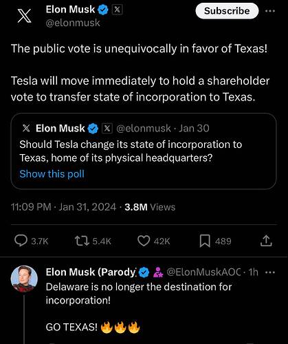 Elon Musk on X The public vote is unequivocally in favor of Texas! Tesla will move immediately to hold a shareholder vote to t