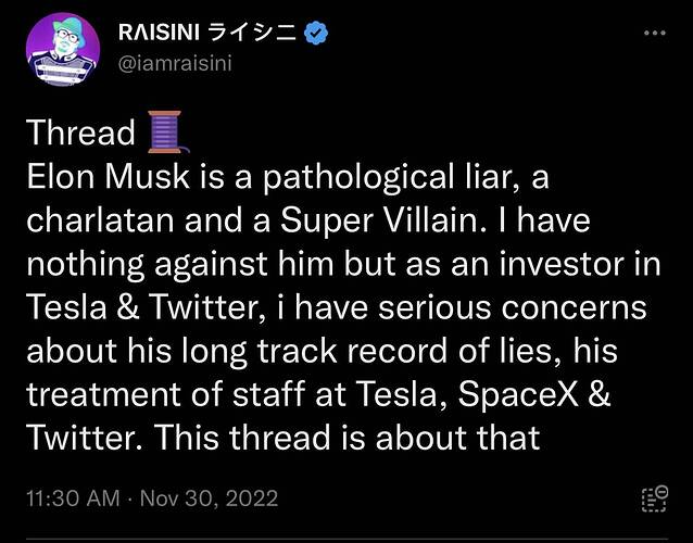 RΛISINI ライシニ on Twitter Thread 🧵 Elon Musk is a pathological liar, a charlatan and a Super Villain. I have nothing against hi
