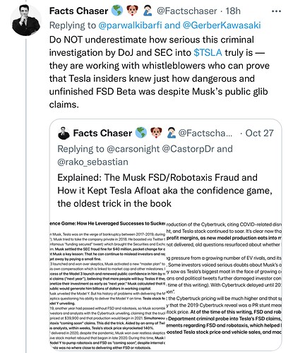 Ross Gerber on Twitter DOJ and SEC looking into FSD claims is nothing more than a tech fishing expedition. Still waiting for m