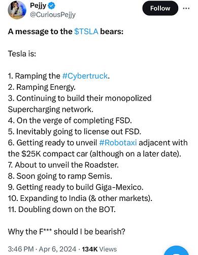 Pejjy on X A message to the $TSLA bears Tesla is 1. Ramping the #Cybertruck. 2. Ramping Energy. 3. Continuing to build their