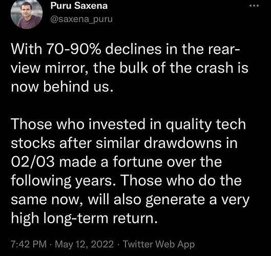 Puru Saxena on Twitter With 70-90 declines in the rear-view mirror, the bulk of the crash is now behind us. Those who investe