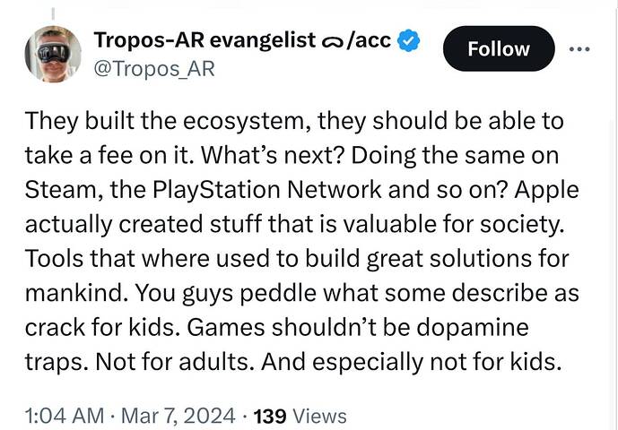 Tropos-AR evangelist ᯅacc on X @TimSweeneyEpic They built the ecosystem, they should be able to take a fee on it. What’s next
