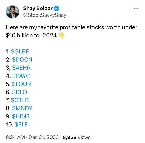 Shay Boloor on X Here are my favorite profitable stocks worth under $10 billion for 2024 👇 1. $GLBE 2. $DOCN 3, $AEHR 4. $PAY