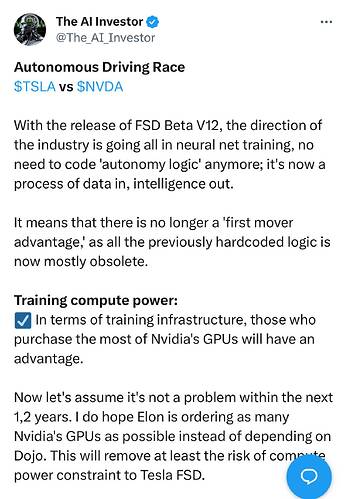 The AI Investor on X Autonomous Driving Race $TSLA vs $NVDA With the release of FSD Beta V12, the direction of the industry is