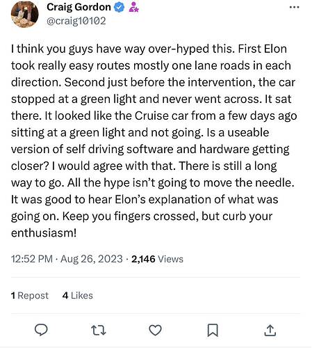 Craig Gordon on X @farzyness @elonmusk I think you guys have way over-hyped this. First Elon took really easy routes mostly on
