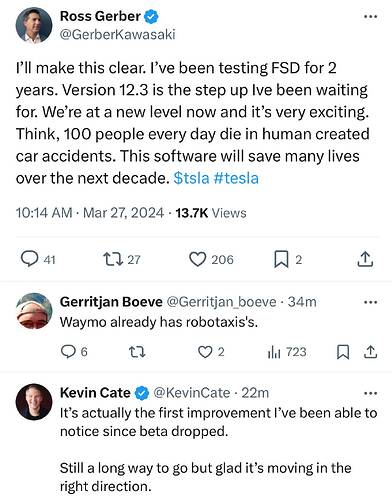 Ross Gerber on X I’ll make this clear. I’ve been testing FSD for 2 years. Version 12.3 is the step up Ive been waiting for. We