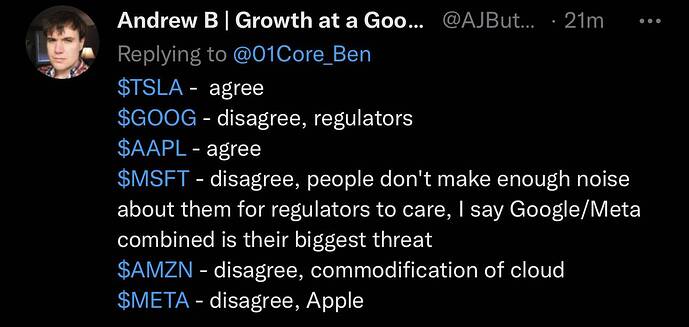 Ben Buchanan on Twitter The biggest threat to… $TSLA Valuation $GOOG Apple $AAPL Regulators $MSFT Regulators $TSM Geopoli