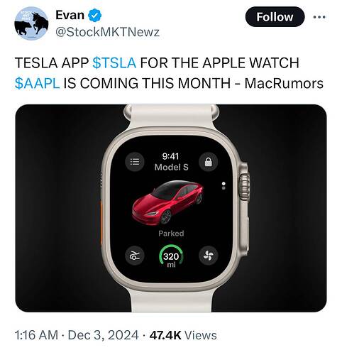 Evan on X TESLA APP $TSLA FOR THE APPLE WATCH $AAPL IS COMING THIS MONTH - MacRumors httpst.coDtQRqcKqZe  X