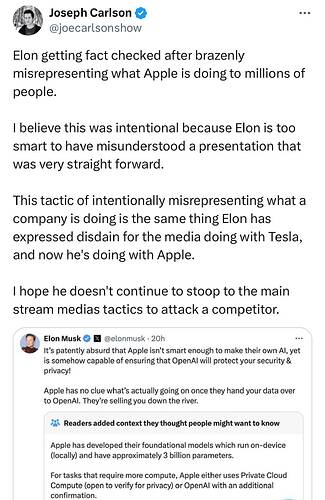 Joseph Carlson on X Elon getting fact checked after brazenly misrepresenting what Apple is doing to millions of people. I beli