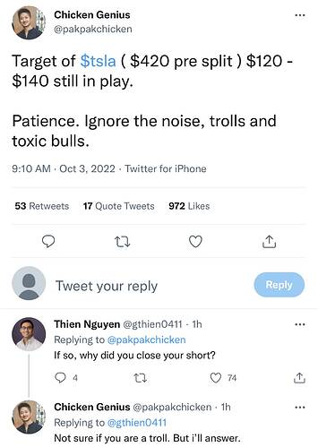 Chicken Genius on Twitter Target of $tsla ( $420 pre split ) $120 - $140 still in play. Patience. Ignore the noise, trolls and