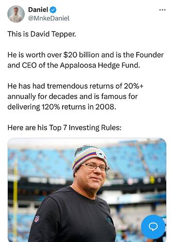 Daniel on X This is David Tepper. He is worth over $20 billion and is the Founder and CEO of the Appaloosa Hedge Fund. He has